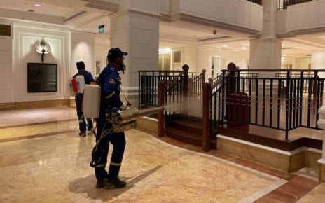 A worker disinfects Phnom Penh’s Great Duke hotel ahead of a planned transfer of Covid-19 patients, in a photo posted to Hun Manet’s Facebook page.