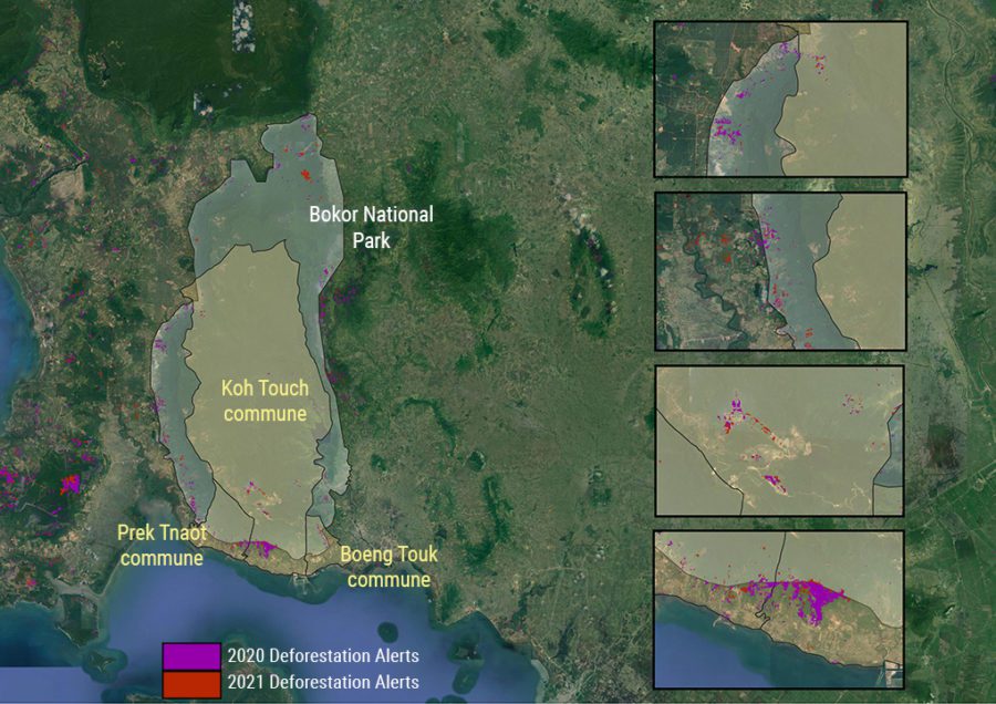 A map depicting the three communes of the new Bokor City established on March 16, 2021, Bokor National Park, and areas of deforestation detected by satellite in 2020 and 2021. (Danielle Keeton-Olsen/VOD)