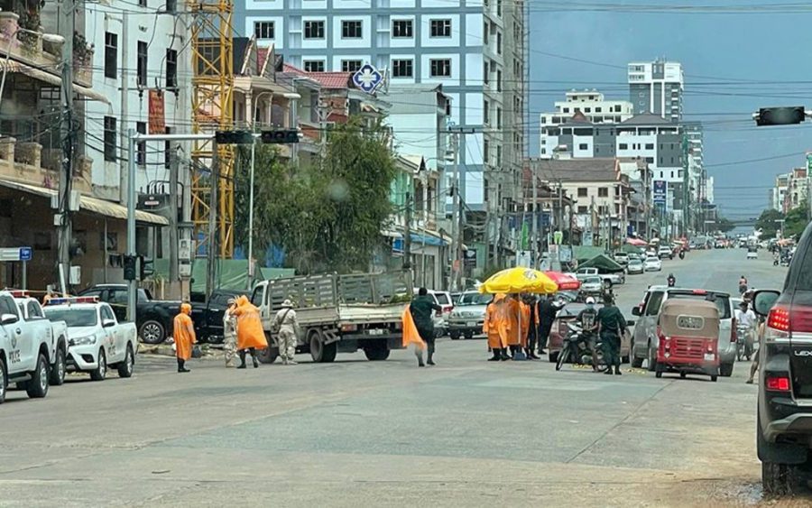 A roadblock in Sihanoukville, in a photo posted to the Facebook page of the Preah Sihanouk provincial administration.