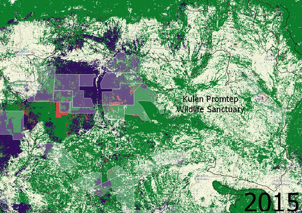 A gif depicting forest loss between 2015 and 2020 in Kulen Promtep Wildlife Sanctuary, with Global Forest Watch data showing deforestation sprouting from concessions within the park. (Danielle Keeton-Olsen/VOD)