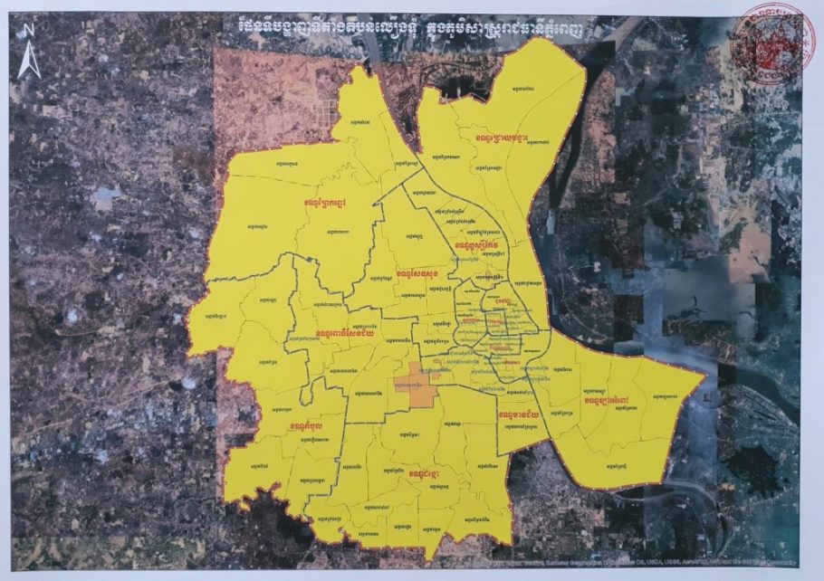 A map of Phnom Penh’s Covid-19 orange and yellow zones, released on May 19, 2021 by Phnom Penh City Hall.