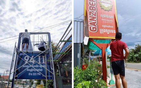 Business owners start taking down beer signs, in photos posted to the Facebook page of Kampong Speu province’s Chbar Mon city administration.