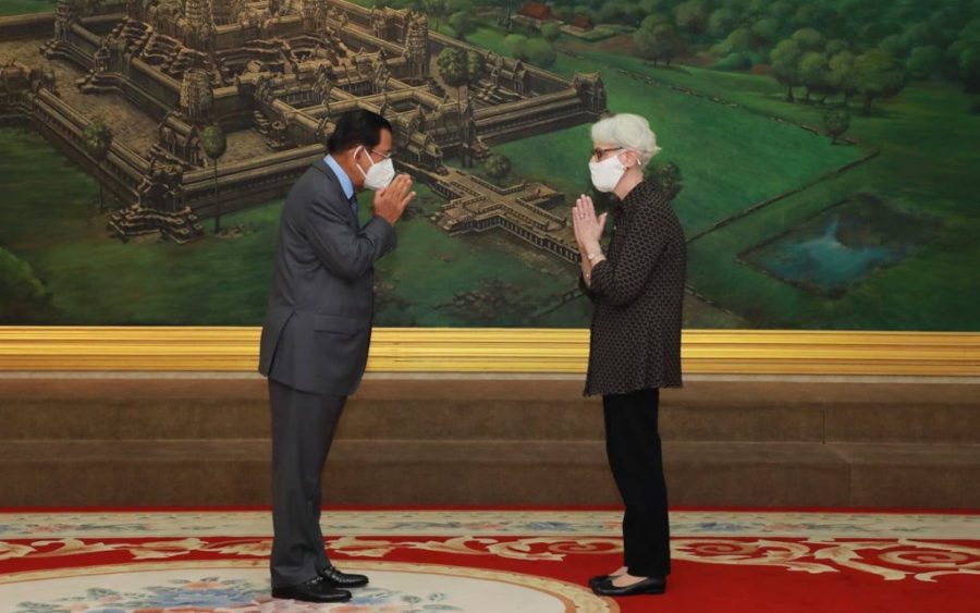 Prime Minister Hun Sen and US deputy secretary of state Wendy Sherman meet at Phnom Penh’s Peace Palace on June 1, 2021, in a photo posted to Hun Sen’s Facebook page.