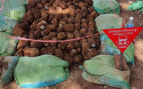 More than 400 grenades, still full, were removed from a Siem Reap city school and placed behind a fence, in a photo posted to Heng Ratana's Facebook page on July 13, 2021.