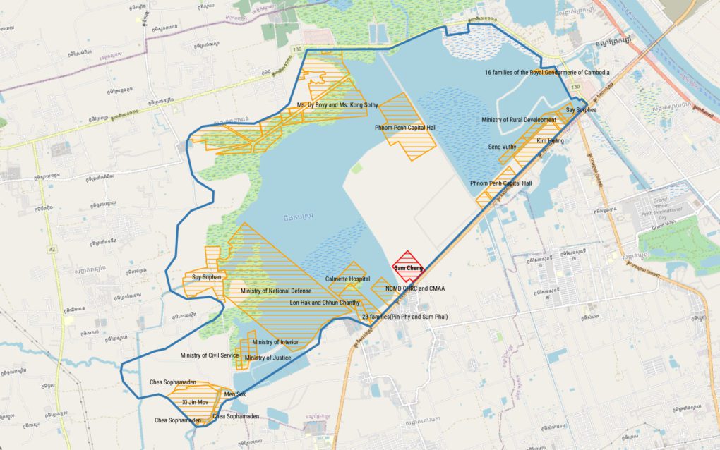 Land granted by the government on Phnom Penh’s Boeng Tamok lake. Sources: Sub-decrees, Sahmakum Teang Tnaut, OpenStreetMaps.