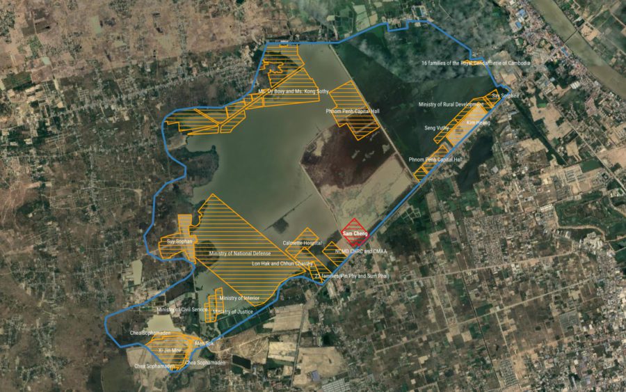Land granted by the government on Phnom Penh’s Boeng Tamok lake. Sources: Sub-decrees, Sahmakum Teang Tnaut, Google Maps.