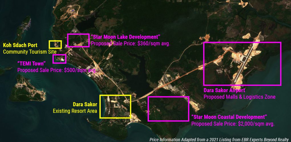 A map showing existing developments, including the Dara Sakor resort and Koh Sdach port, as well proposed developments, on the southern coast of Union Development Group's concession in Koh Kong province. (Danielle Keeton-Olsen/VOD)