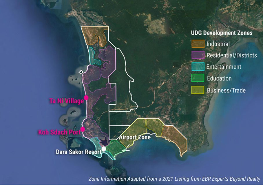 A map showing proposed zones within Union Development Group's 36,000-hectare concession, including entertainment, residential and business/industrial areas, in Koh Kong province. (Danielle Keeton-Olsen/VOD)