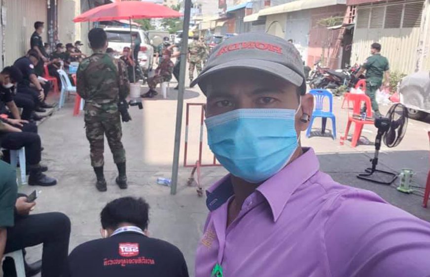 CHR TV Online journalist Sous Chamroeun takes a selfie during coverage of the Covid-19 pandemic in a photo posted to CHR TV Online's Facebook page.