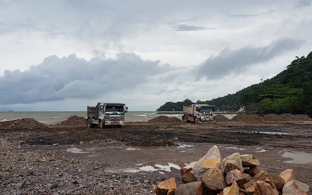 Trucks dump sand into a filling site near the Kep provincial hall in Kep city on August 25, 2021. (Danielle Keeton-Olsen/VOD)