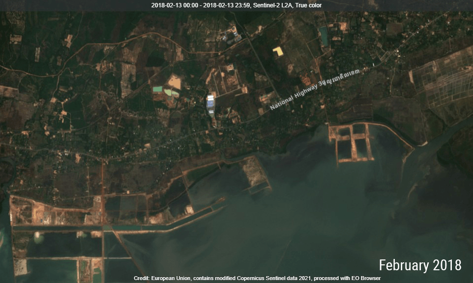 Satellite imagery of the filling at the IGB (Cambodia) development site between 2018 and 2021 in Kampot's Toek Chhou district, using imagery from the EU's Sentinel satellites.