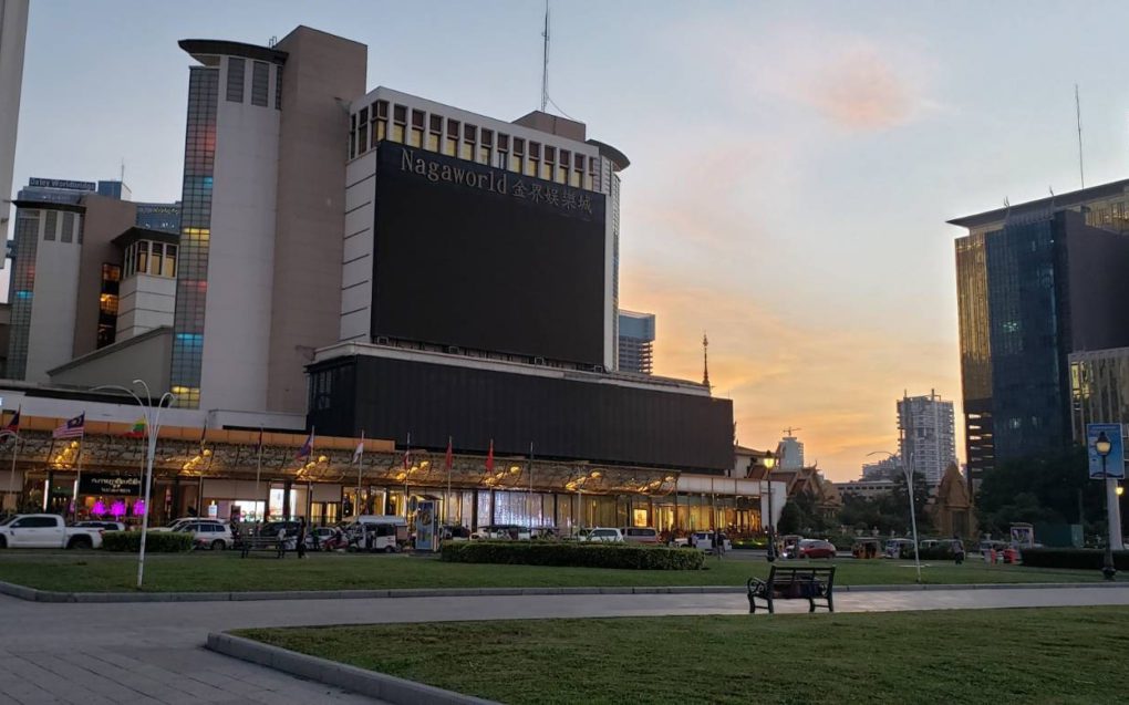 The park in front of Naga 1, on an evening when the casino complex's LED lights are off, on October 28, 2021. (Danielle Keeton-Olsen/VOD)