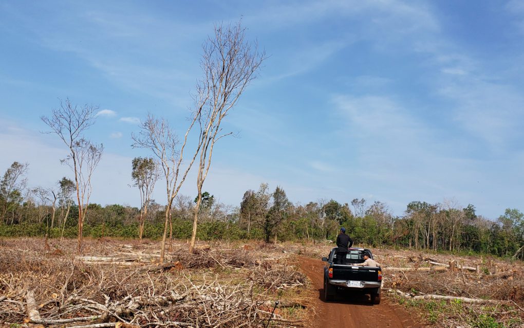 The Andoung Kraloeng community patrollers drive a pickup truck to the border of Mondulkiri's Keo Seima Wildlife Sanctuary on February 11, 2021. (Danielle Keeton-Olsen/VOD)