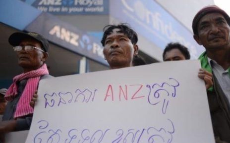 Kampong Speu villagers protest outside the ANZ Bank headquarters in Phnom Penh in 2013, from a photo posted to Inclusive Development International's webpage.