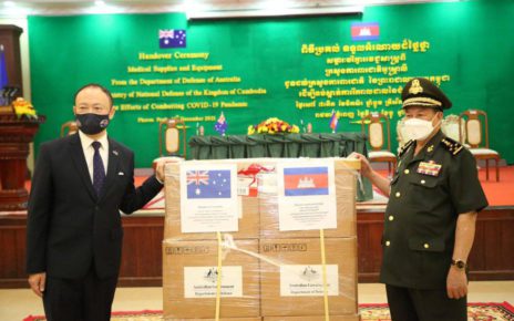 Australian Ambassador Pablo Kang poses with Covid-19 donations for Brigade 70 during a handover ceremony on December 11, 2021. (Facebook)