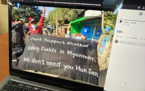 The General Strike Coordination Body, an anti-junta group in Myanmar, has posted pictures online in protest of Hun Sen’s visit.