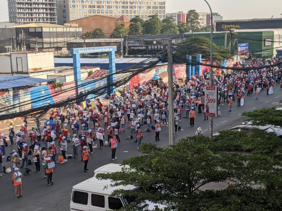 NagaWorld strike participants stand in neat rows in an aerial photo of the monthlong strike against company management's alleged union busting and labor rights violations on January 18, 2022. (Keat Soriththeavy/VOD)