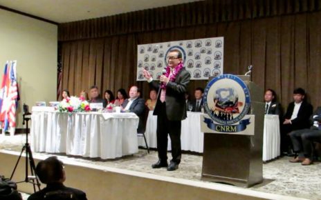 Former CNRP president Sam Rainsy speaks at the launch of the Cambodia National Rescue Movement in Long Beach, U.S., on January 28, 2018. (CNRM Facebook page)