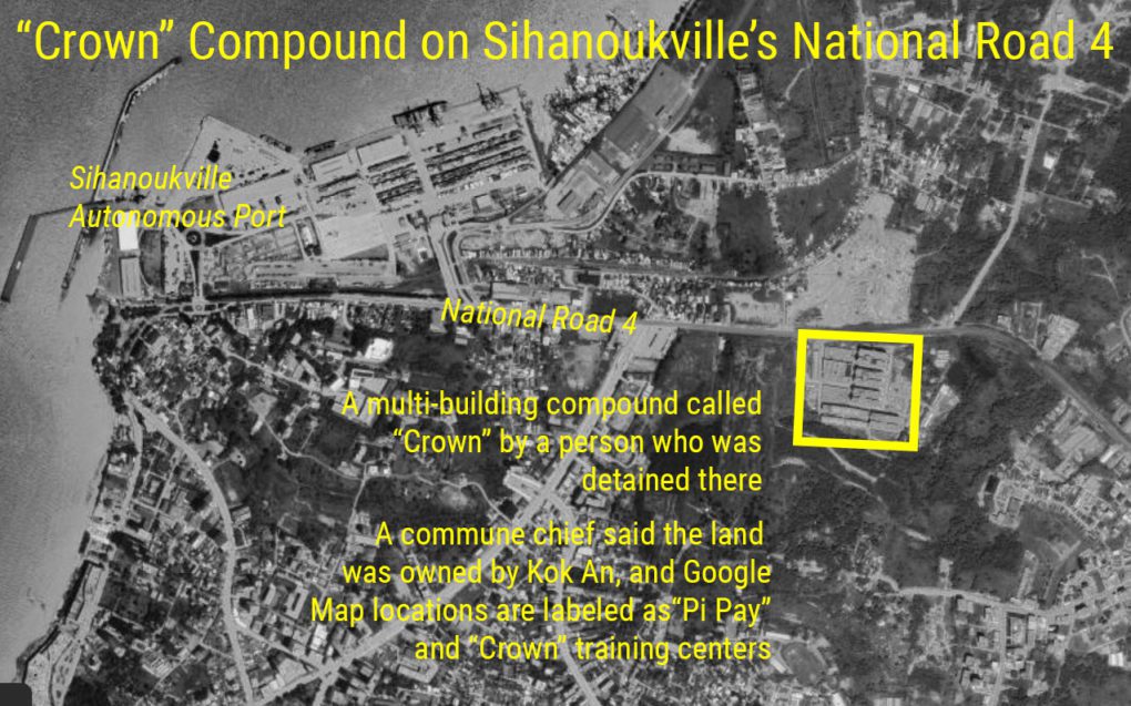 A satellite map showing the location of the Crown compound on National Road 4 in Sihanoukville. (Danielle Keeton-Olsen/VOD)