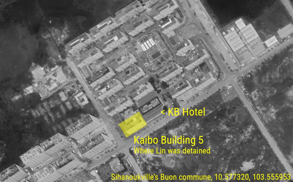 A satellite image from Sihanoukville's Buon commune, highlighting the building where Lin told VOD he was allegedly detained and forced to run scams, which is part of a complex with KB Hotel, partly owned by Pi Pay's founder and Crown FC owner Rithy Samnang. (Danielle Keeton-Olsen/VOD)