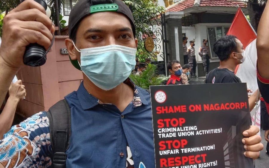 A protester in Indonesia showing support for NagaWorld workers on February 7, 2022. (Supplied)