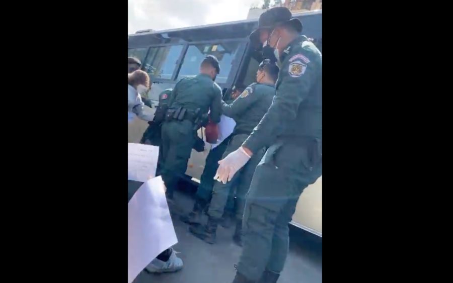 Around 60 NagaWorld workers were shoved into city buses and taken to a quarantine center, as seen in a live video on Facebook Monday afternoon.