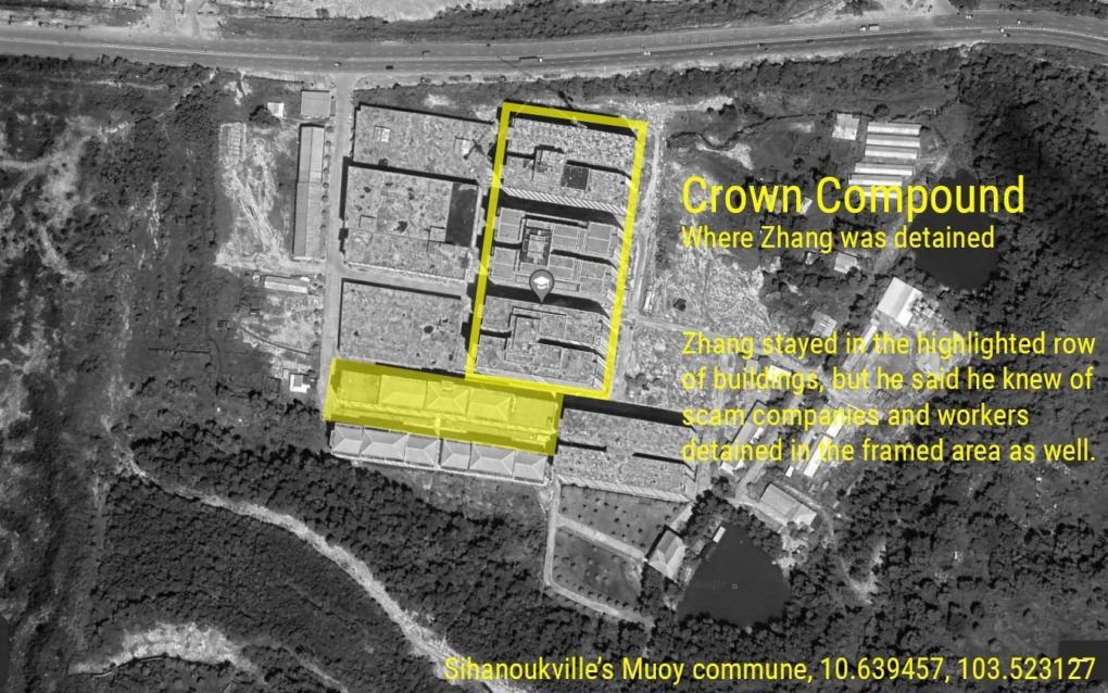 A satellite image of buildings identified by Zhang, a man allegedly detained to work in online scams, as the Crown Compound and labeled as a "Pi Pay High-Tech Incubation Center", with areas described by detained scam worker Zhang. (Danielle Keeton-Olsen/VOD)