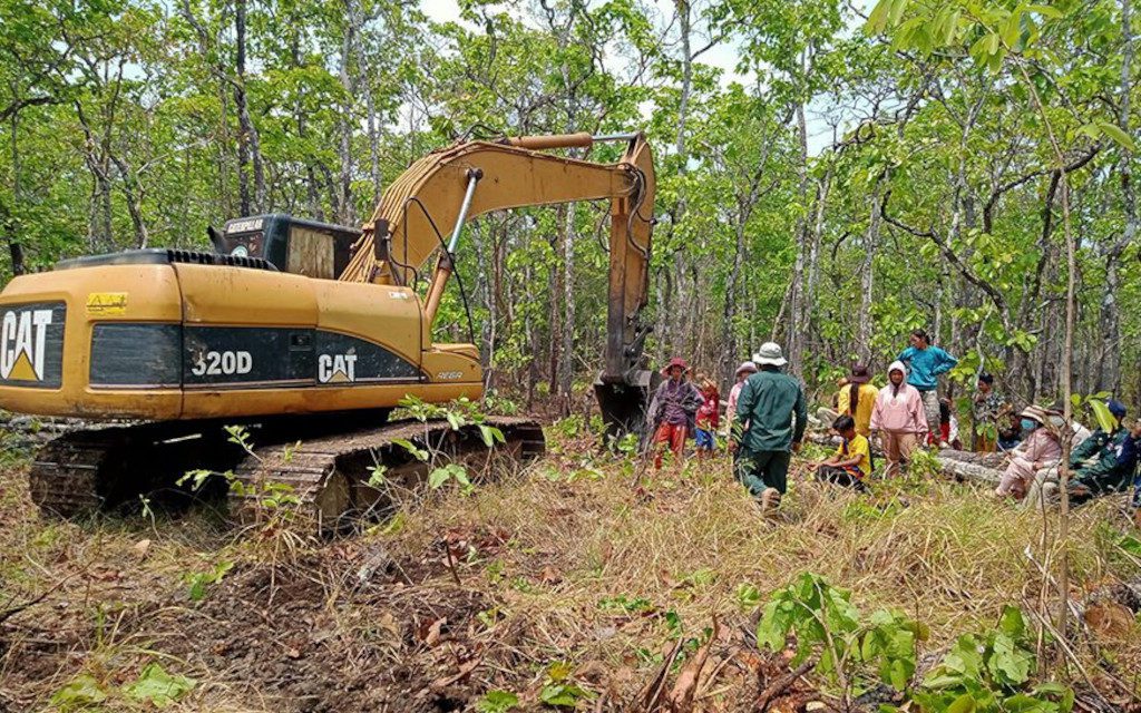 Villagers block the clearing of their community forest in Mondulkiri province’s Sen Monorom city on March 15, 2022. (Supplied)
