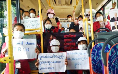 NagaWorld protesters after being put on a bus on March 24, 2022. (Pang Lita/Supplied)