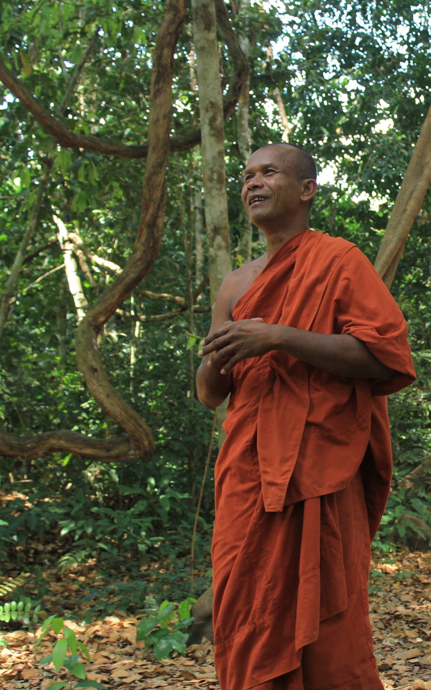 The Venerable Prom Thomacheat speaking in front of what he says is the largest tree in the Metta Forest around his pagoda in Trapeang Chour commune. The monk lives a hermit-like existence near the Oral Wildlife Sanctuary in Kampong Speu. (Andrew Haffner/VOD)