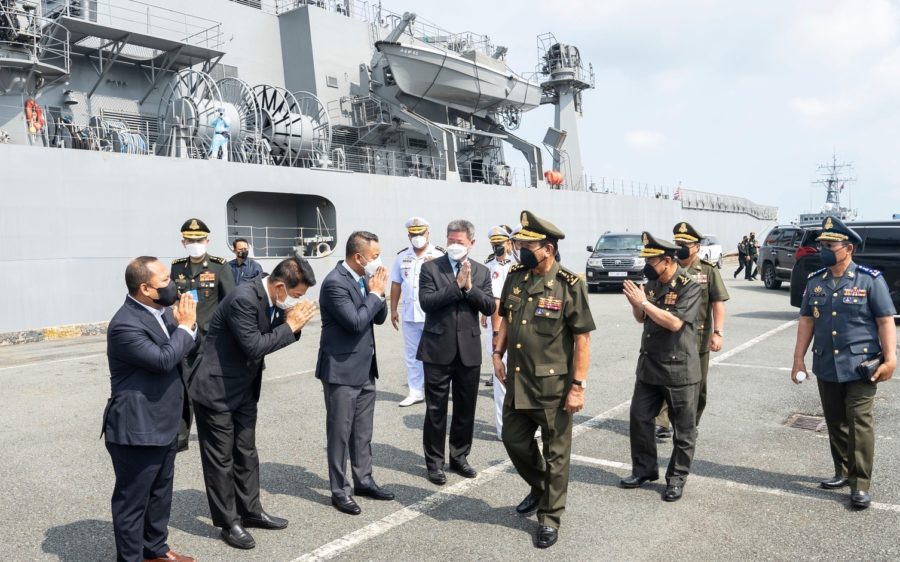Defense Minister Tea Banh, center, at a ceremony in Sihanoukville on Tuesday marking the arrival of two Japanese marine vessels.