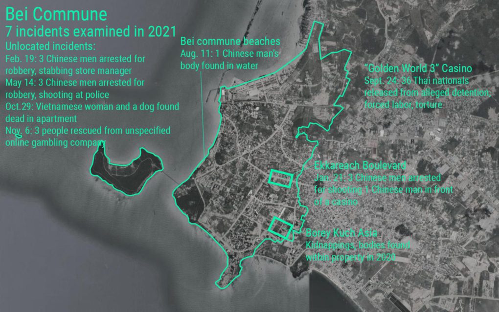 A captioned map of Preah Sihanouk province's Bei Commune depicting 7 incidents reported by Khmer media in 2021 that could be located, as well as a few descriptions of other crimes found. (Danielle Keeton-Olsen/VOD)