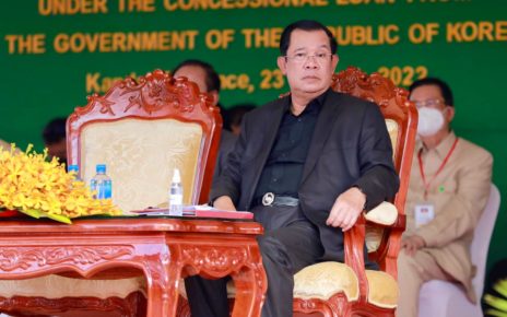 Prime Minister Hun Sen spoke about the Russian invasion of Ukraine at a road inauguration ceremony in Kandal province on March 23, 2022. (Hun Sen's Facebook page)