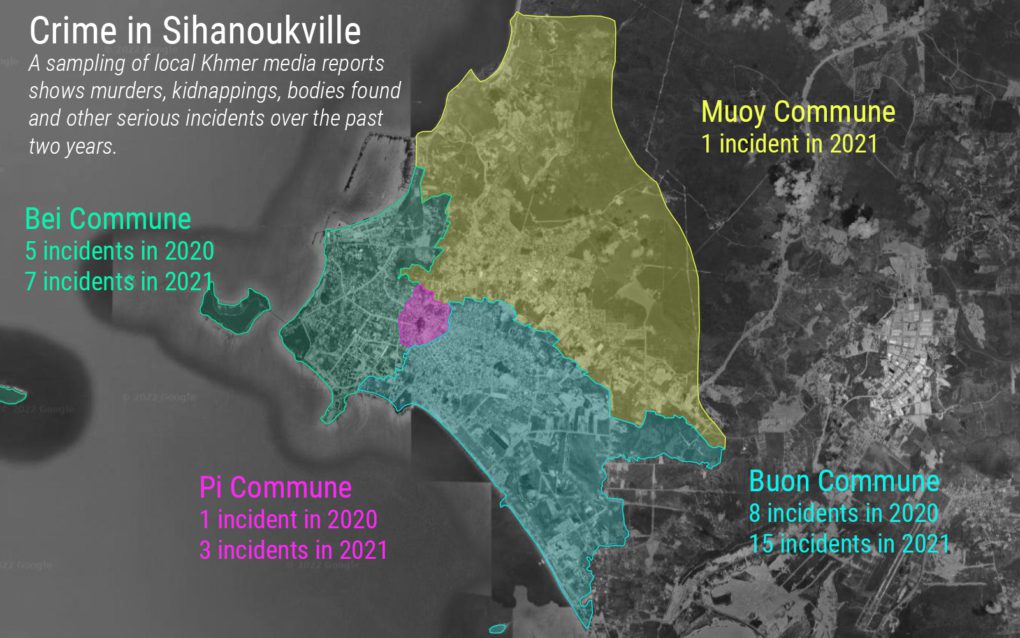 A map depicting Sihanoukville's four communes and a sampling of suspicious incidents and alleged crimes reported by Khmer media in 2020 and 2021. (Danielle Keeton-Olsen/VOD)