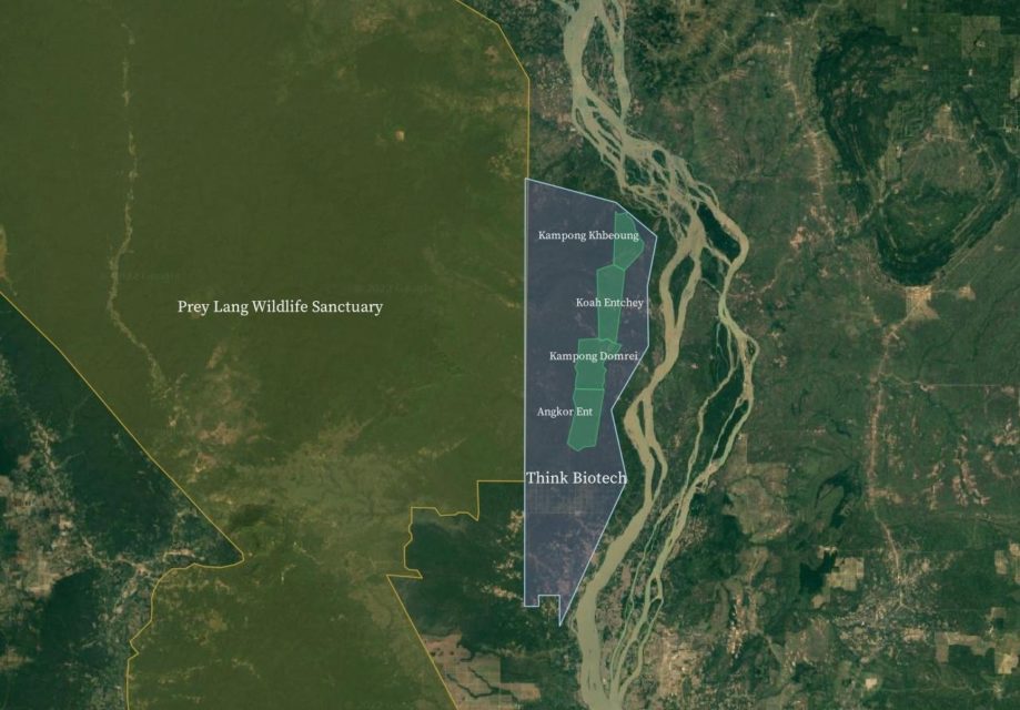 A map showing part of Prey Lang Wildlife Sanctuary, as well as the Think Biotech timber concession on the east border and four community forests inside the concession. (Keat Soriththeavy/VOD)