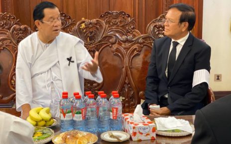 Prime Minister Hun Sen and former opposition leader Kem Sokha meet at the funeral of Hun Neng in Kampong Cham province on May 8, 2022. (Kem Sokha’s Facebook page)