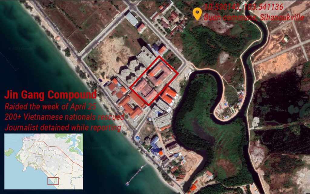A map of the Jin Gang compound in Sihanoukville's Buon commune, where more than 200 Vietnamese nationals were rescued during the week of April 25, 2022. (Danielle Keeton-Olsen/VOD)