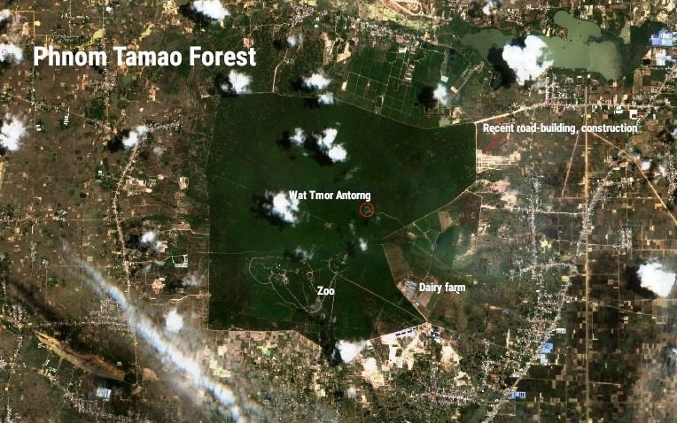 Satellite imagery from the European Space Agency shows recent road construction near Phnom Tamao, April 25, 2022.