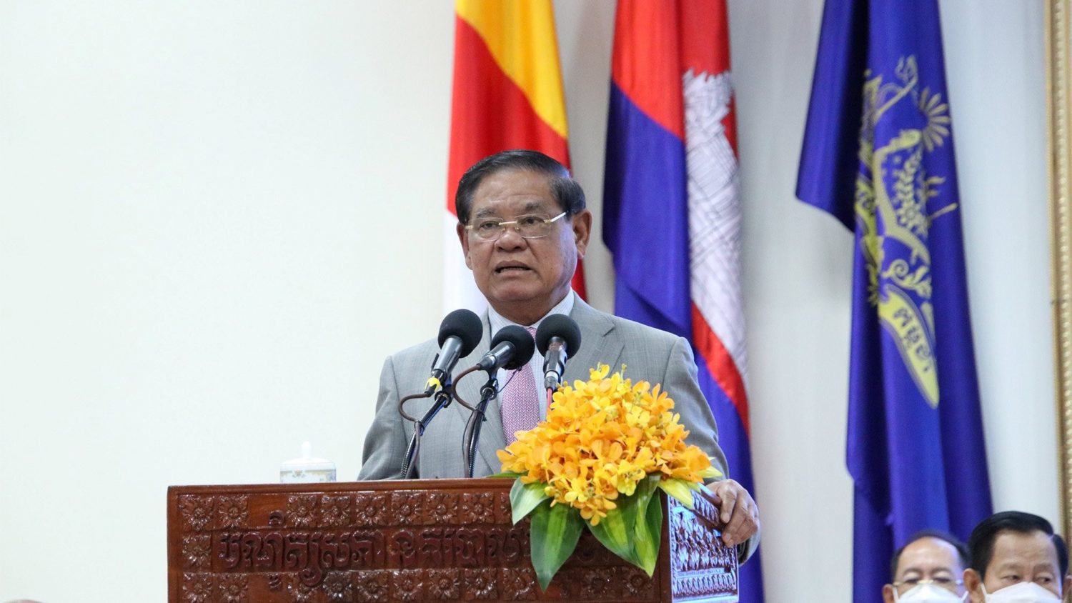 Interior Minister Sar Kheng delivers a speech at the police academy in Kandal province, in a photo posted to his Facebook page on July 26, 2022.