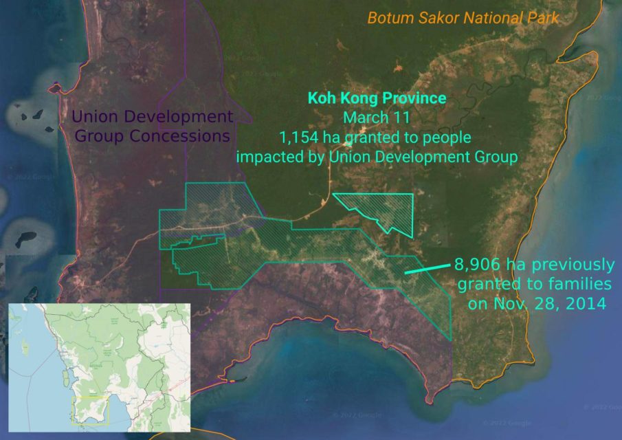 A map of social land concessions granted in 2014 and 2022 to people who were evicted because of the Union Development Group concessions. (Danielle Keeton-Olsen/VOD)