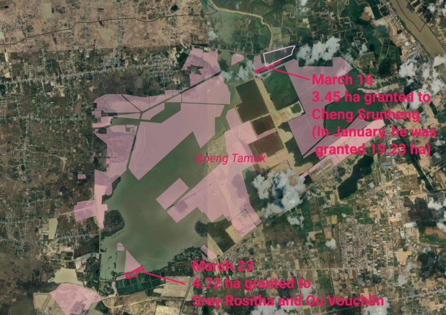 A map of new pieces of Boeng Tamok lake granted to private individuals in March 2022. (Danielle Keeton-Olsen/VOD)