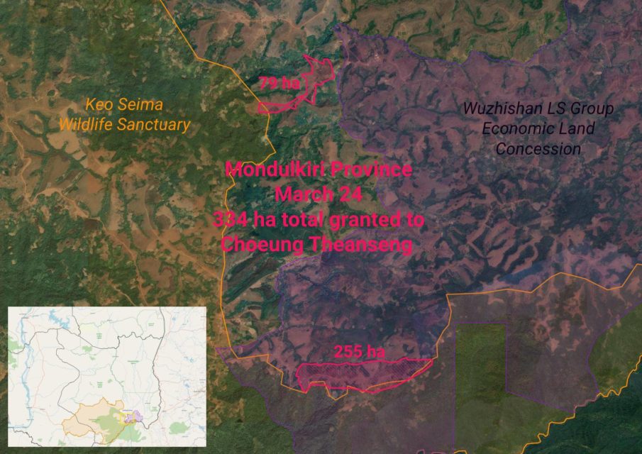 A map of 334 hectares in Mondulkiri province granted to Choeung Thean Seng, the son of Pheapimex tycoon Choeng Sopheap, on March 24, 2022. (Danielle Keeton-Olsen/VOD)