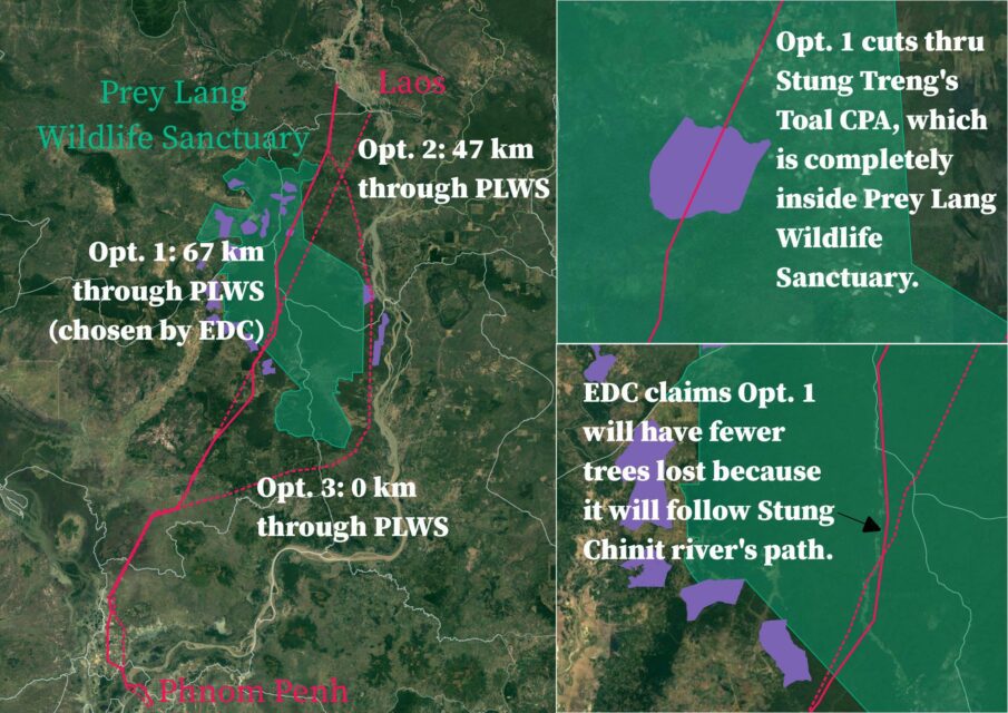 A map of the three options presented for a transmission line, based on an ESIA conducted byt the consultant firm SBK. The selected option would cut through 67 km of Prey Lang Wildlife Sanctuary and Toal community protected area. (Danielle Keeton-Olsen/VOD)