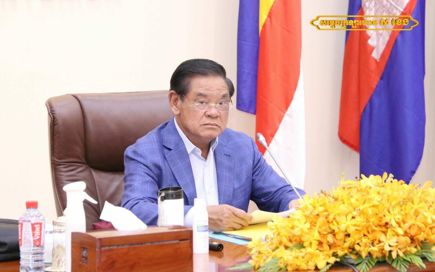 Interior Minister Sar Kheng at a meeting to address human trafficking, held in Phnom Penh on Friday, August 26, 2022. Photo from the Facebook page of Sar Kheng.