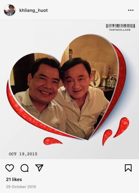 Khliang Huot shared a photograph of himself and former Thai Prime Minister Thaksin Shinawatra on his Instagram account on October 29, 2015.
