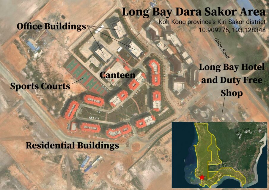 A map of the Long Bay Dara Sakor area within the 45,000-hectare Union Development Group concession, with information compiled from testimonies, Google maps and a locator map photographed by Sonny before he left the compound. (Danielle Keeton-Olsen/VOD)