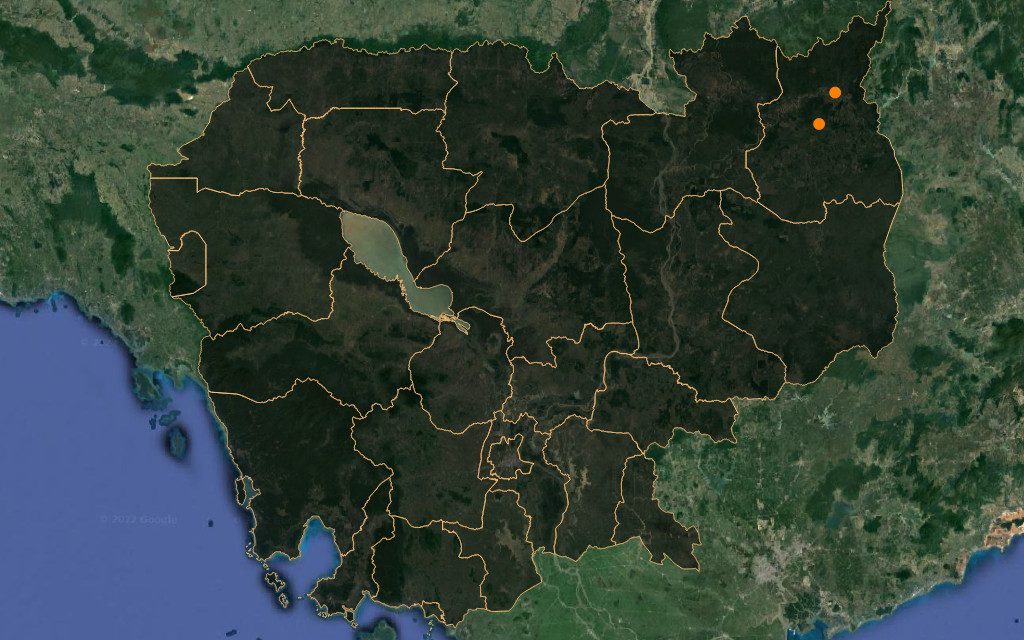 Two Ratanakiri communes where indigenous communities received communal land titles as shown in government decrees released in September 2022. (Google Satellite)