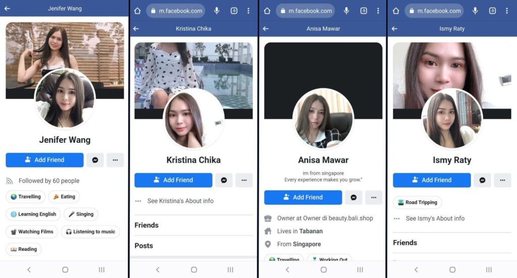 A collage of fake Facebook profiles, using the same model, created by a group of Indonesian citizens who were detained to work in a Phnom Penh scam operation. 