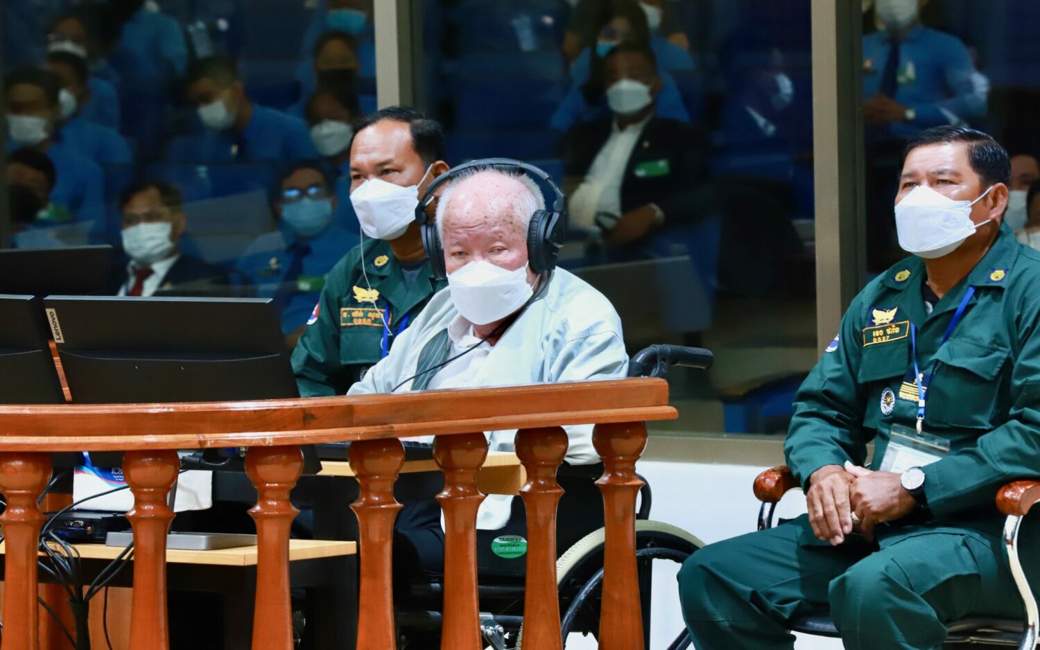 Former Khmer Rouge head of state Khieu Samphans listens to a verdict in an appeal filed by him at the Extraordinary Chambers in the Courts of Cambodia on September 22, 2022. (Nhet Sokheng/ECCC)