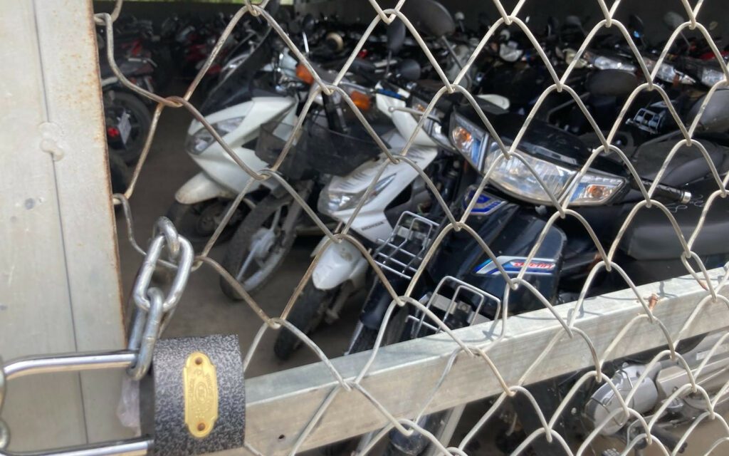Motorbikes confiscated from illegal pawnshops, kept in Phnom Penh’s Chroy Changva district on October 3, 2022. (Ananth Baliga/VOD)